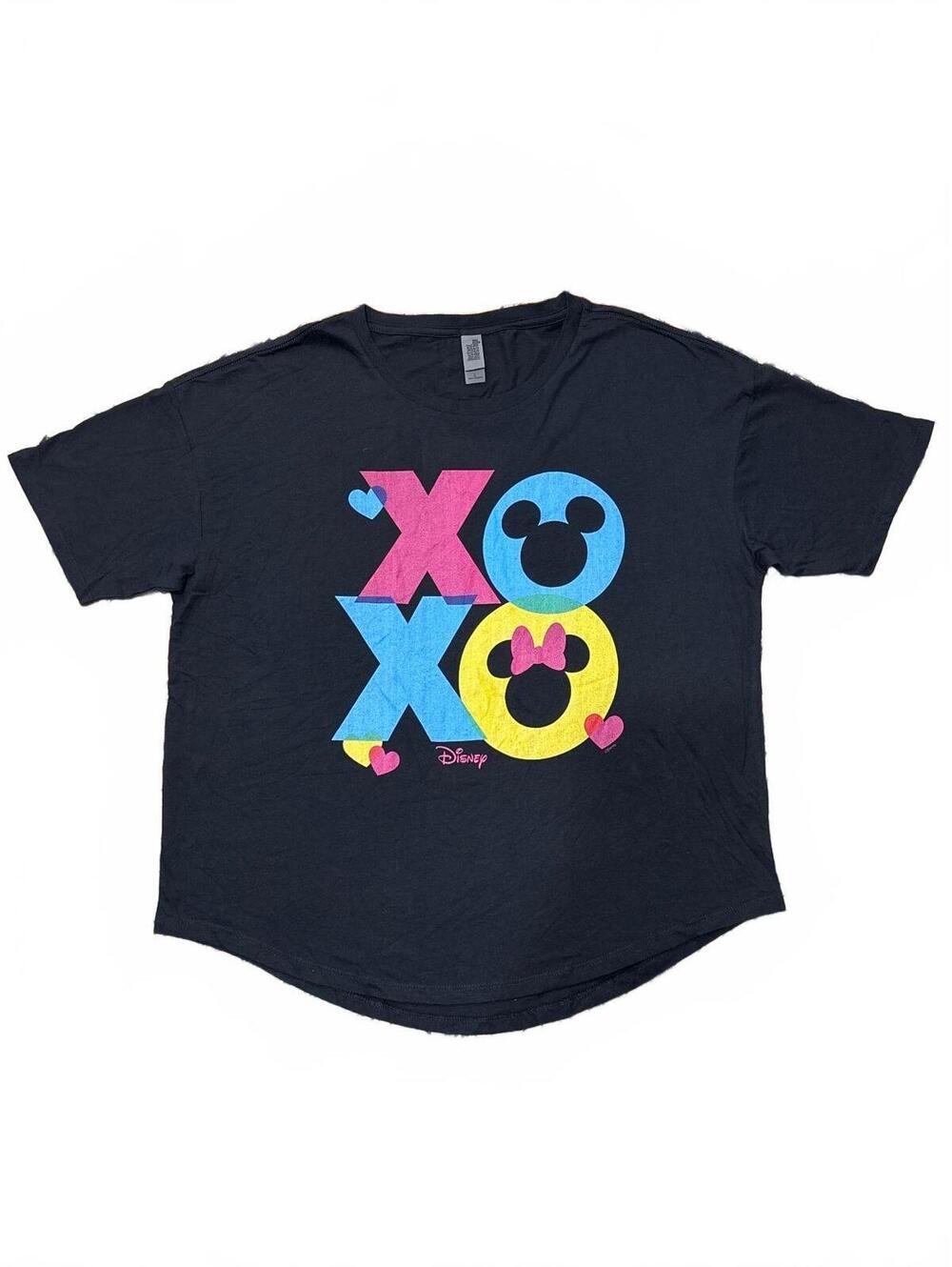 Disney Black Graphic T-Shirt with Colorful XOXO and Mickey Mouse Design